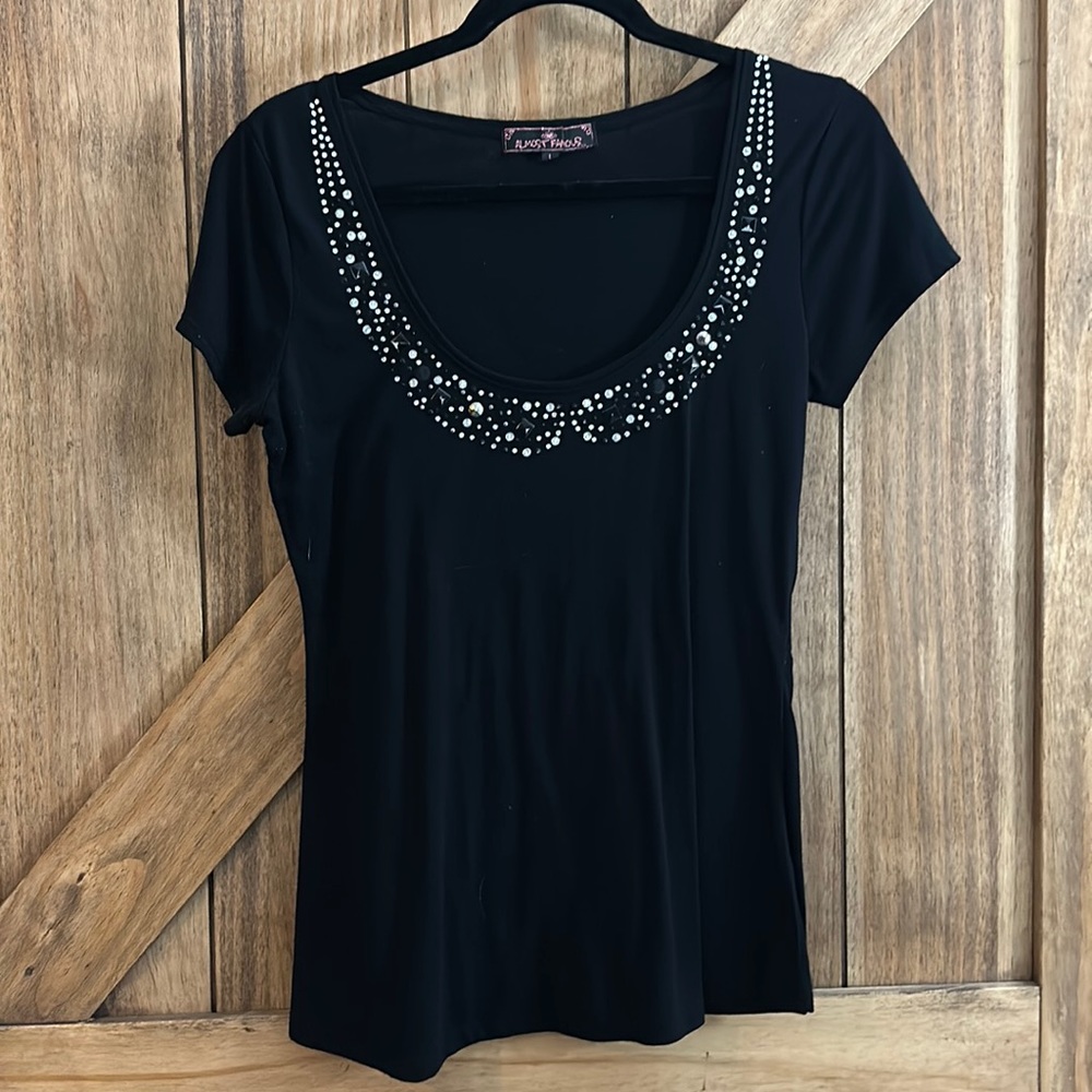 Black, short sleeve shirt with rhinestone detail neckline